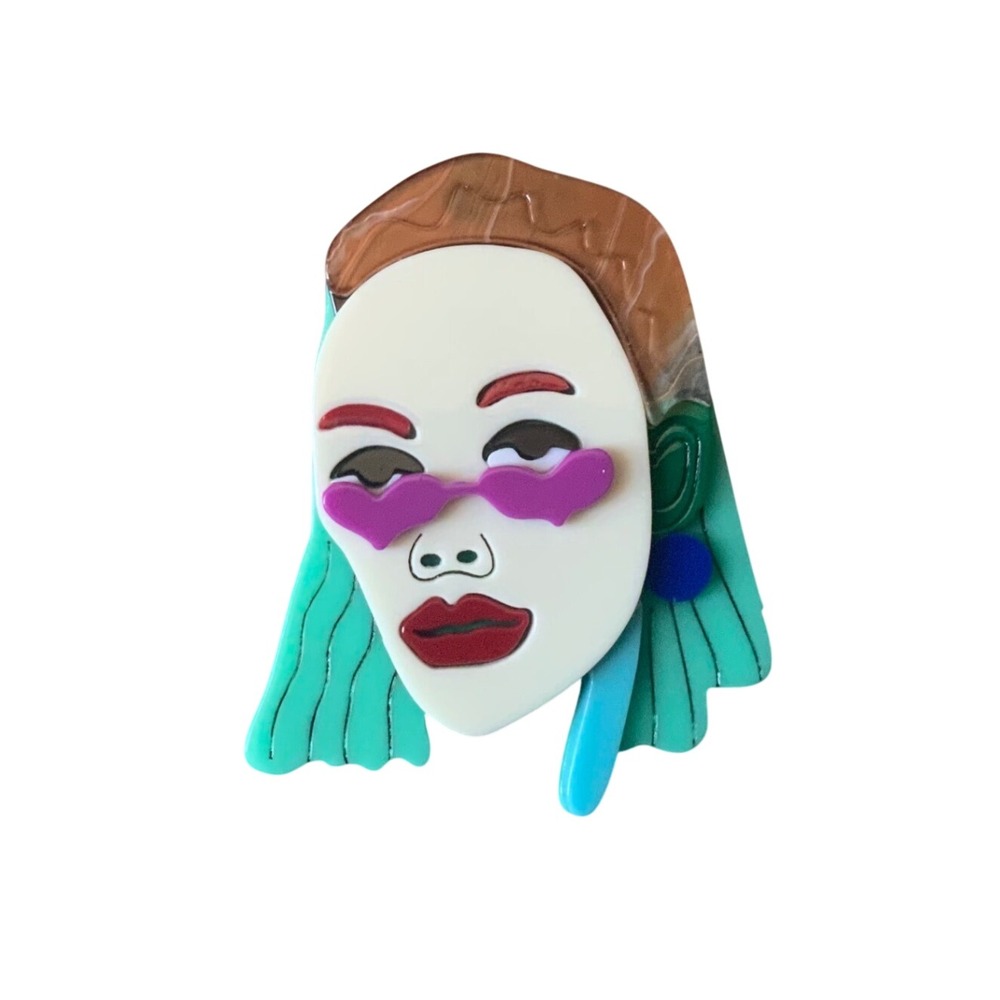 Abstract Acrylic Face Brooch Pop Art Statement Pin Woman Sunglasses Retro 80s